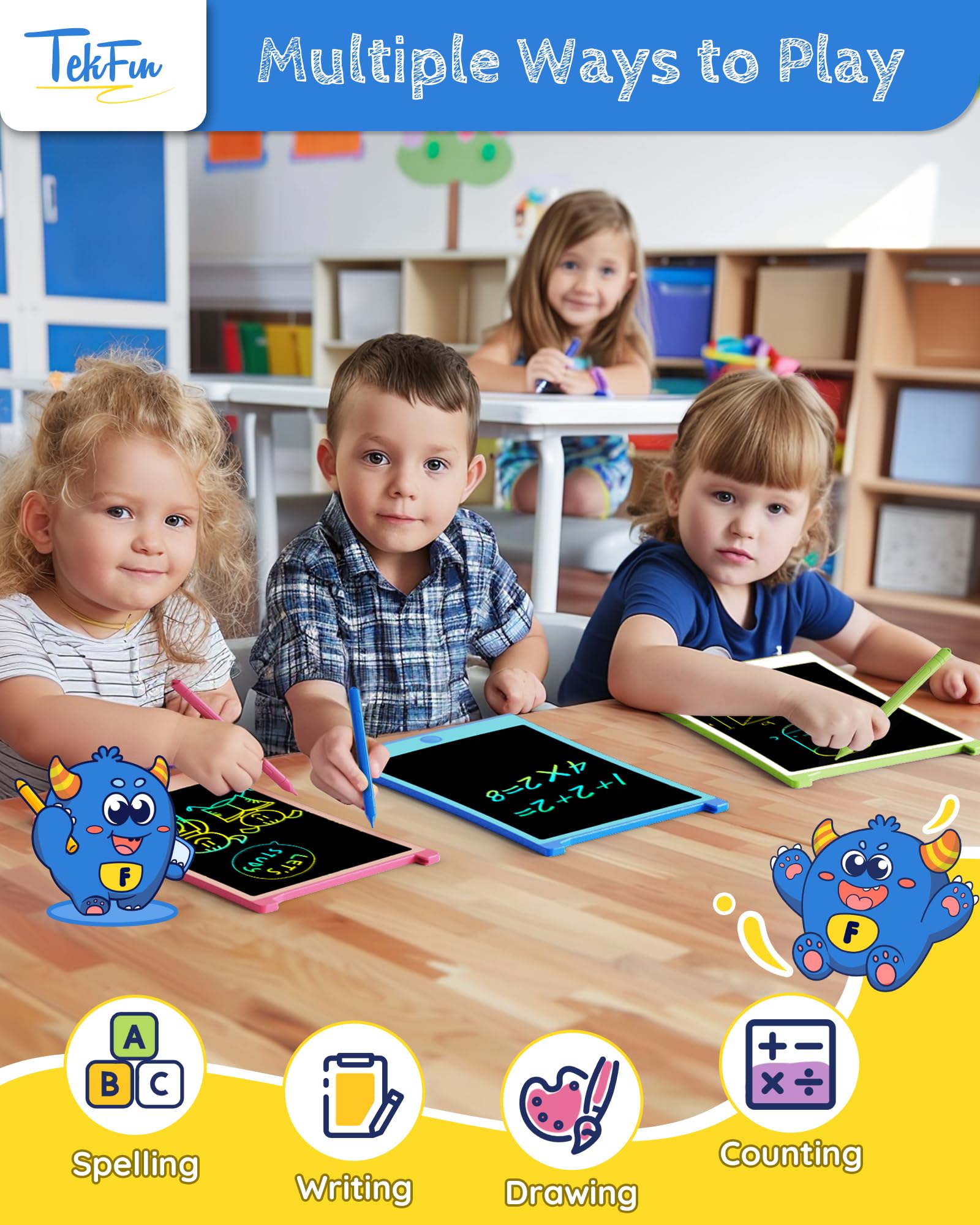 TEKFUN 2-pack LCD writing tablet blue stylus in use for precise doodling.