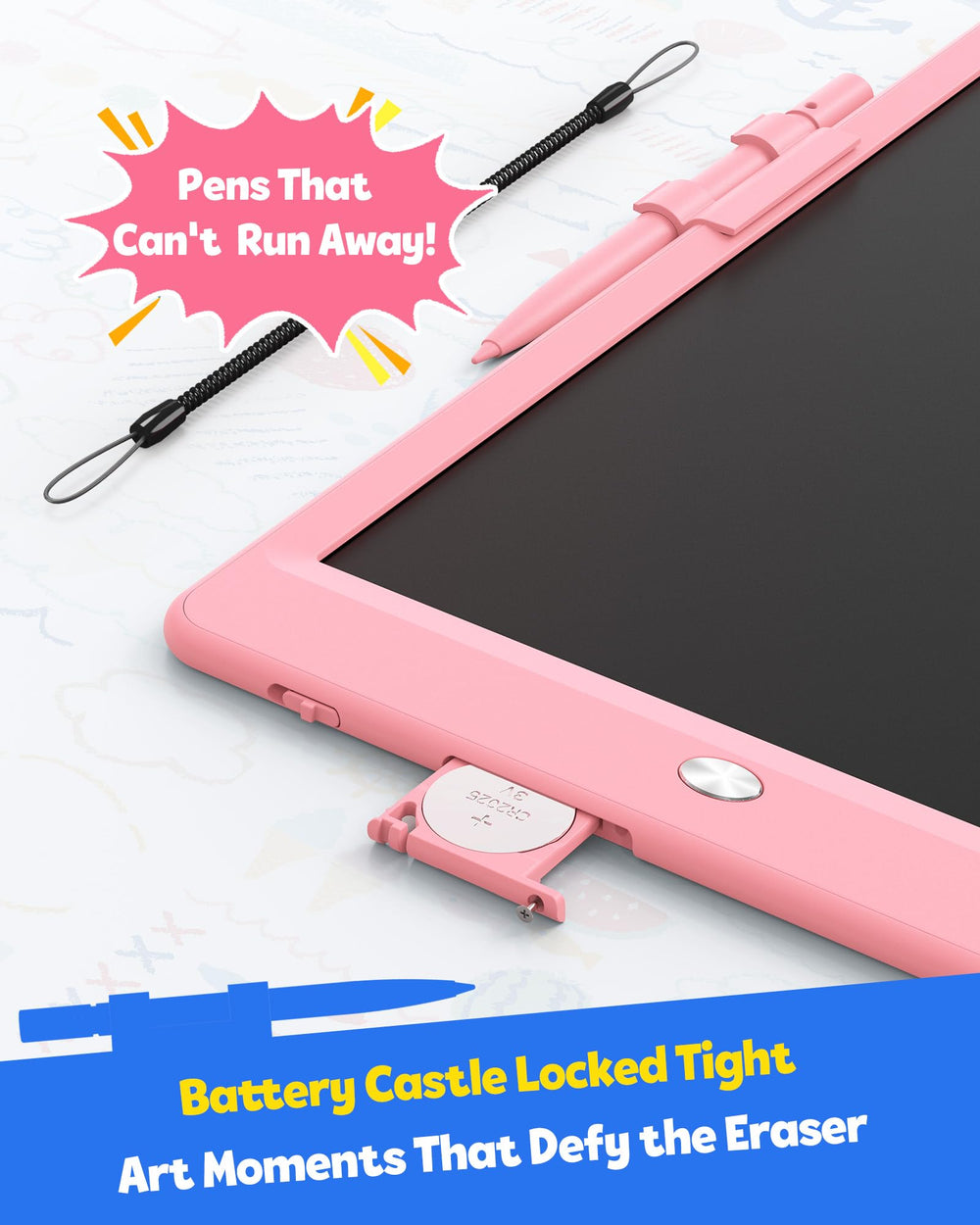 TEKFUN pink LCD writing tablet erase button close-up