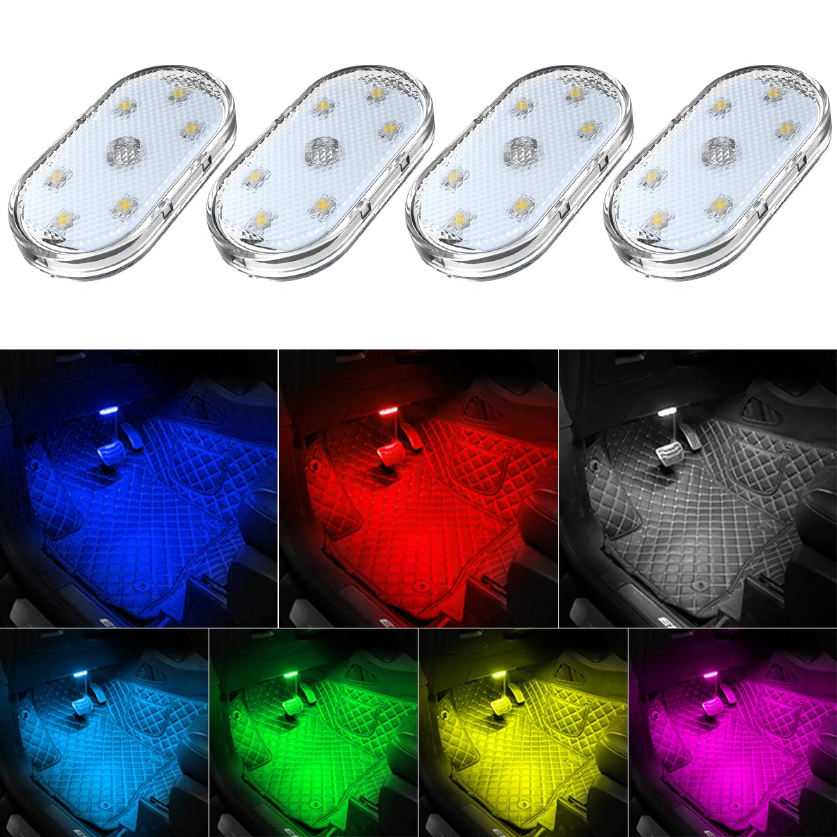 TEKSHINNY 4Pcs interior car LED lights with 7 color options for ambiance.