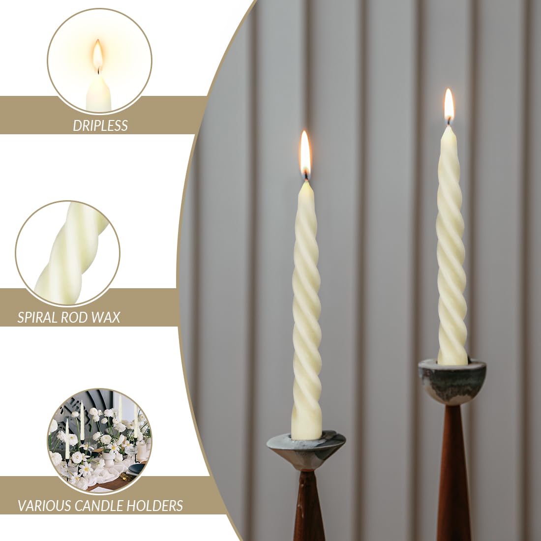 TELOSMA dripless beeswax taper with spiral design minimizes wax spill.