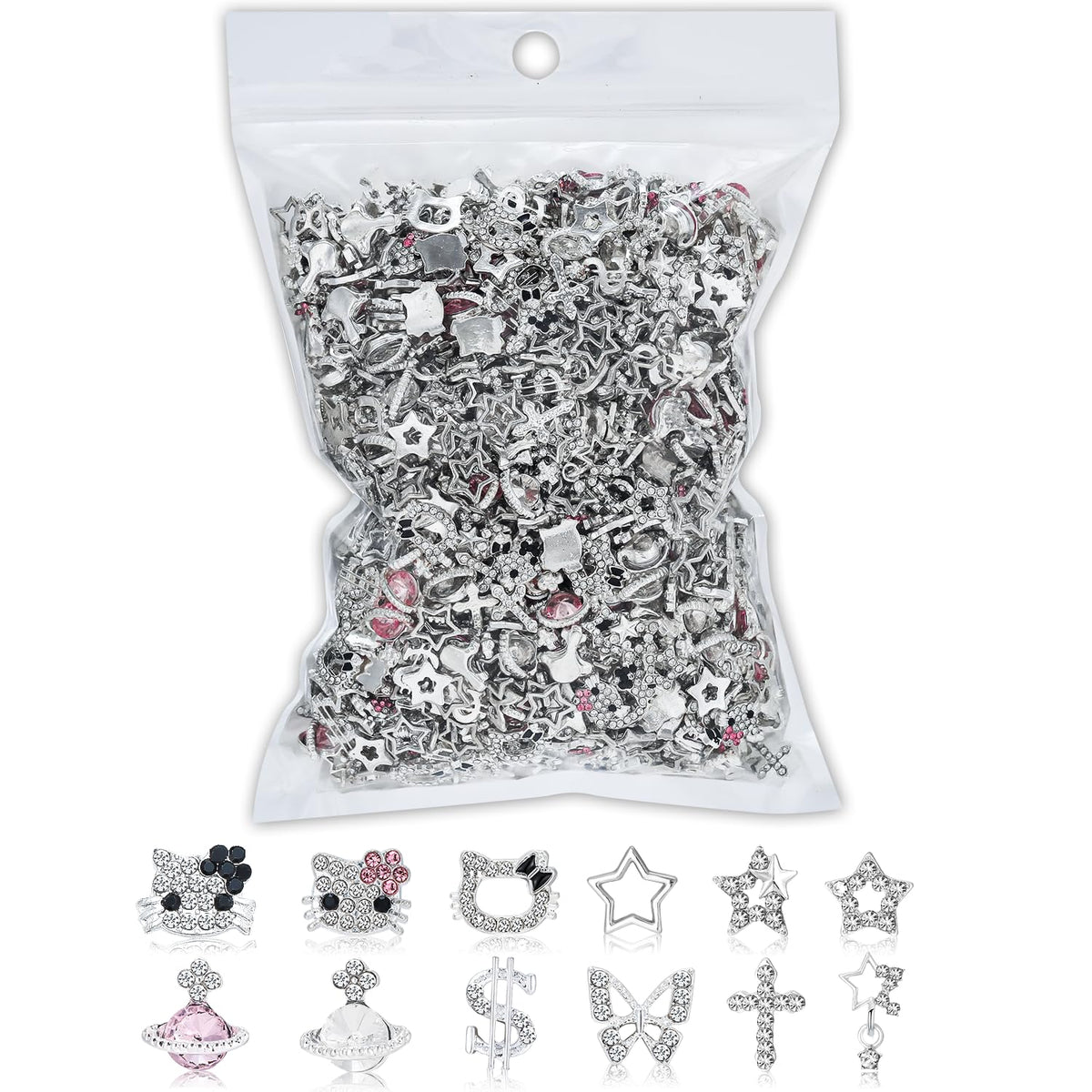 TemBelle 112-piece bulk nail charms set with metallic finish for bold daily nail art.
