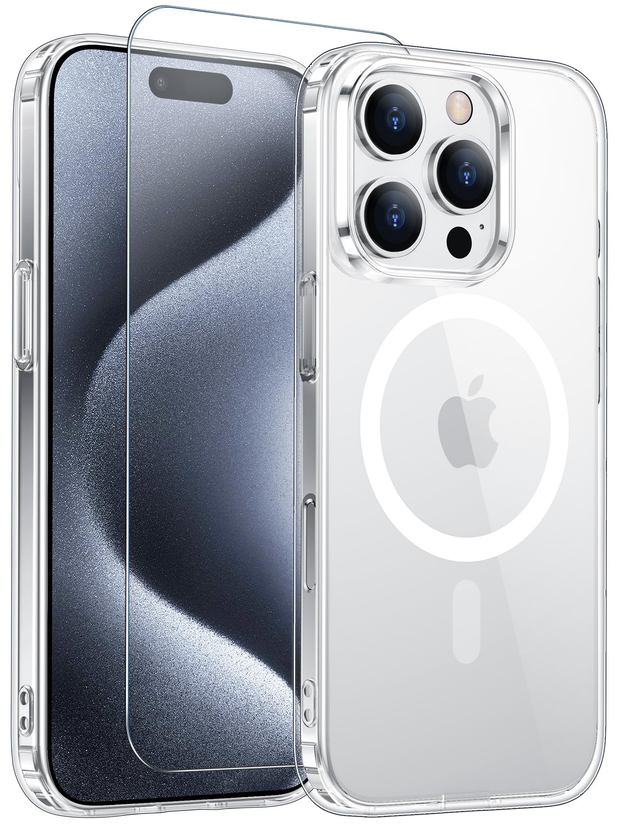 Temdan clear MagSafe case front view showing clarity and protection for iPhone 15 Pro Max