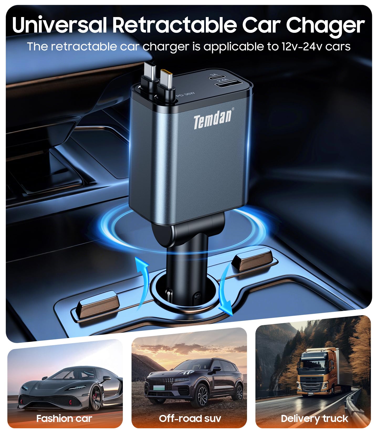 Temdan universal 12V-24V compatibility powers devices in any vehicle