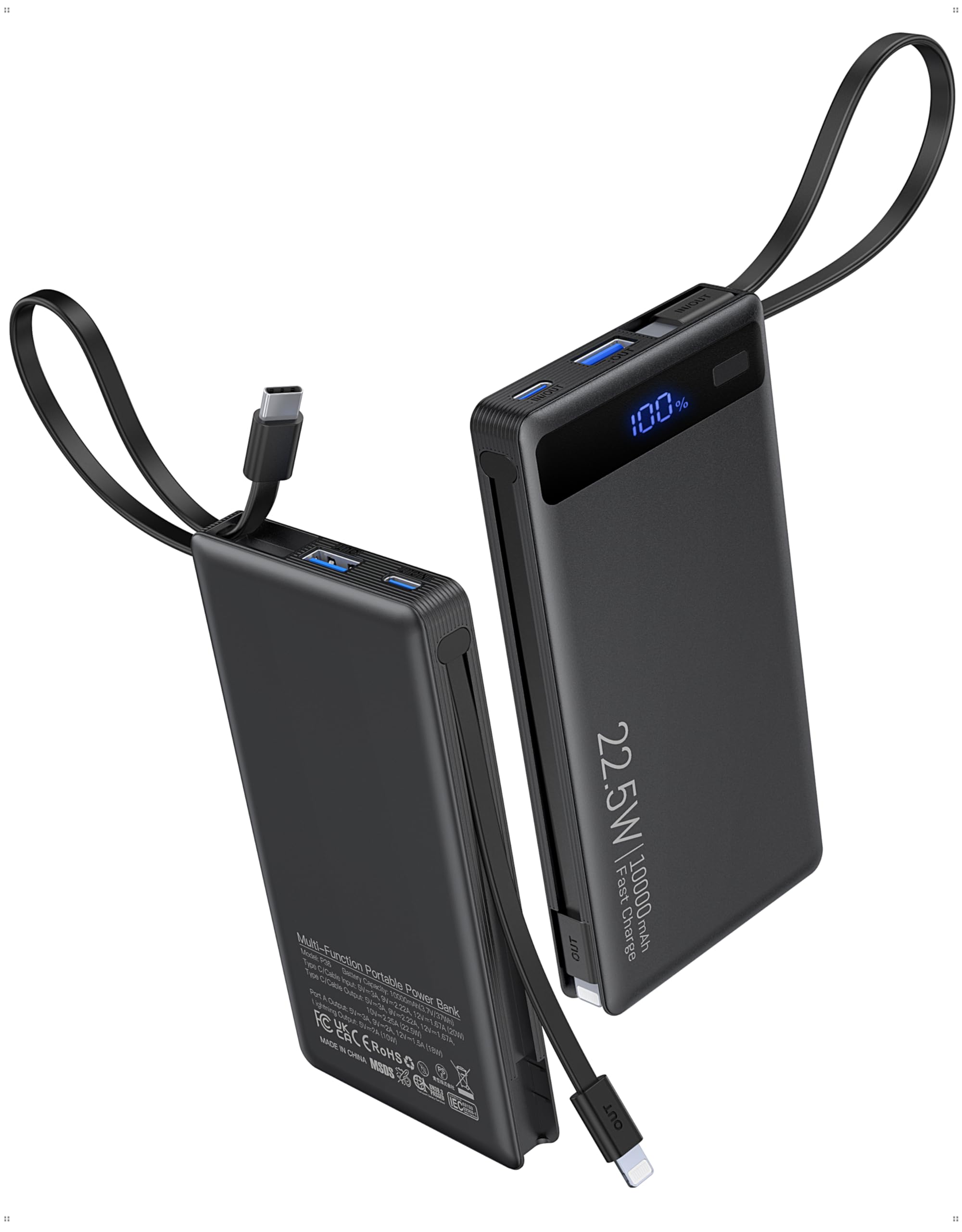 TEMINICE power bank with two built-in cables for fast charging on the go.