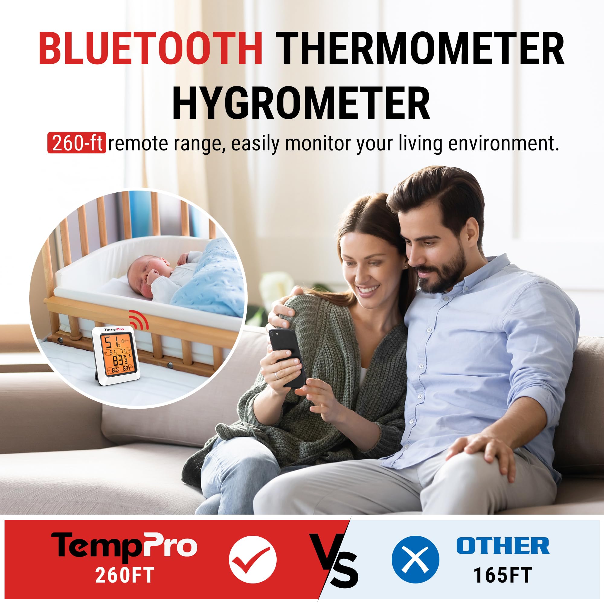 TempPro 260ft range visual highlights flexible monitoring across spaces.