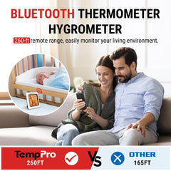 TempPro 260ft range visual highlights flexible monitoring across spaces.