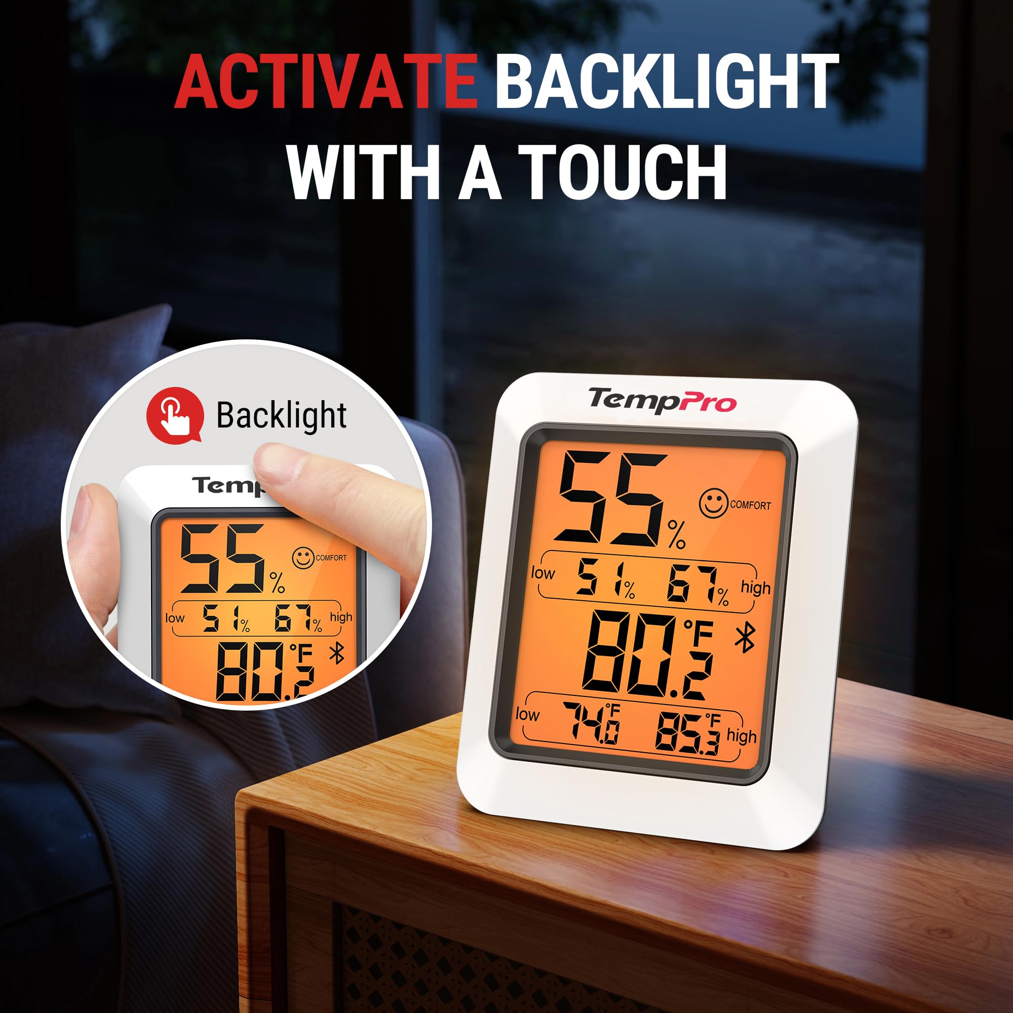 TempPro in a bedroom shows stable temperature and humidity for comfort.