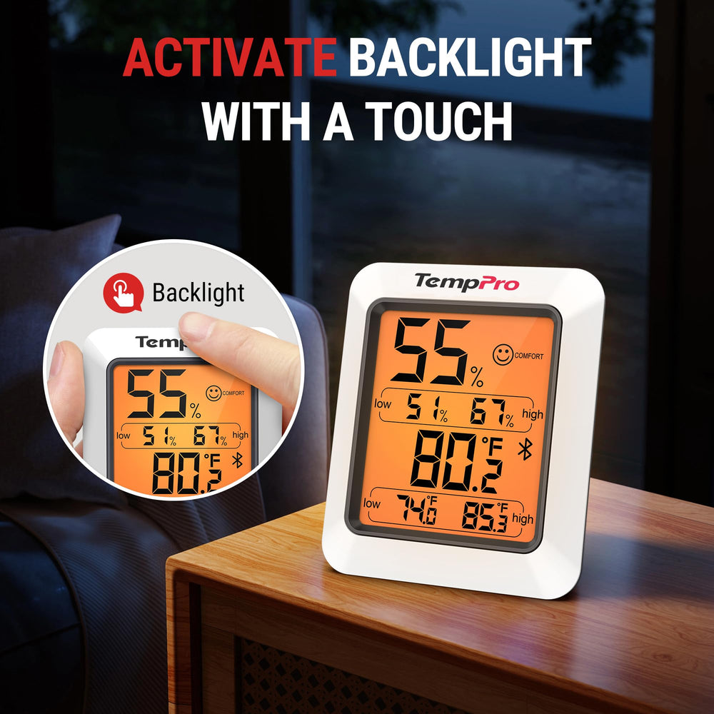 TempPro in a bedroom shows stable temperature and humidity for comfort.
