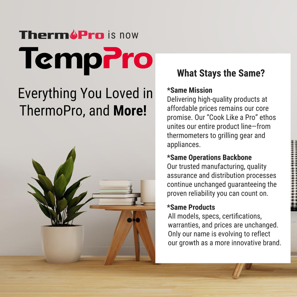 TempPro TP150 brand transition note on packaging informs customers.