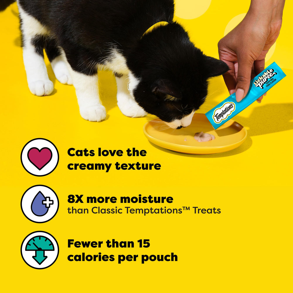 Temptations cat snack tube closeup showcases under 15 calories per pouch