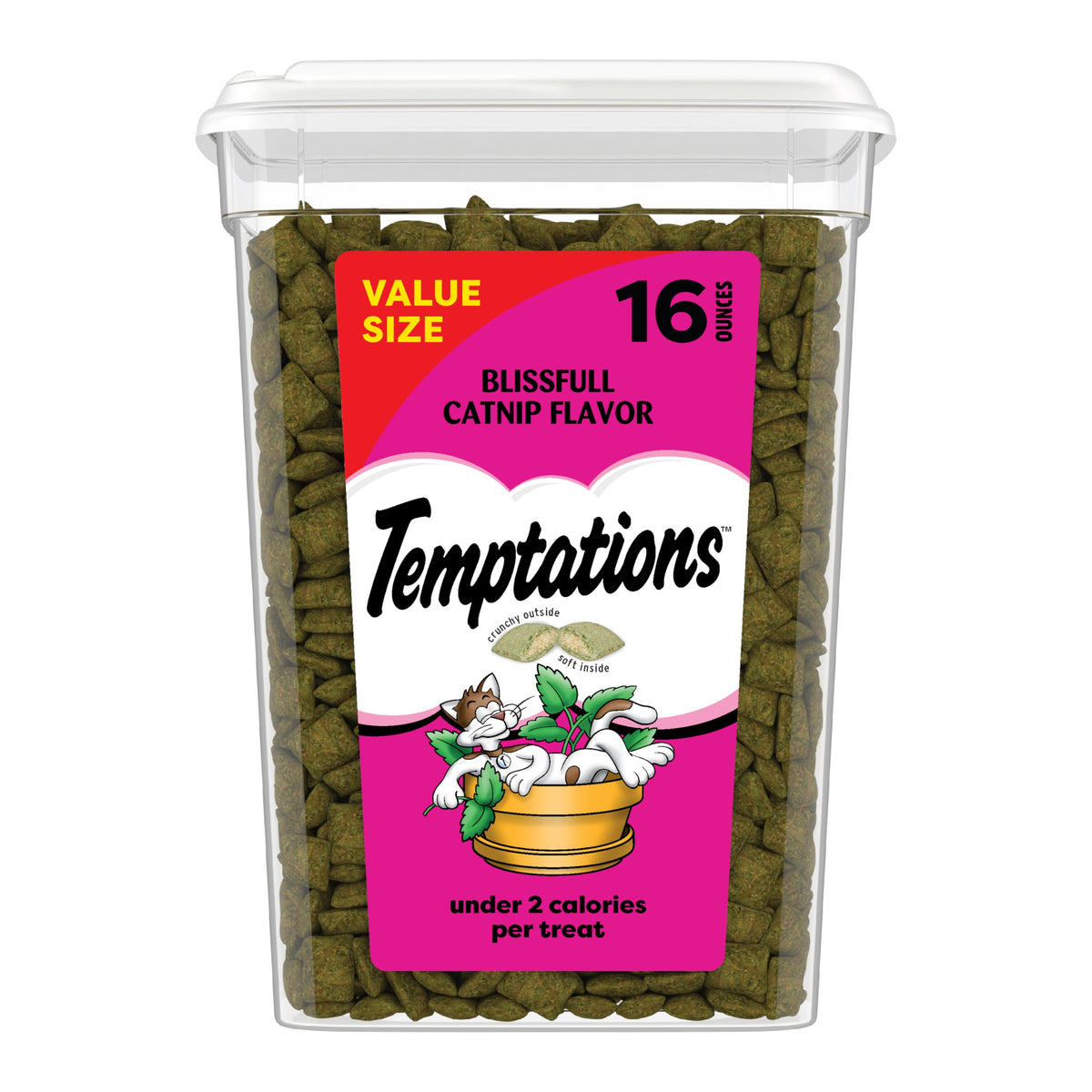 Temptations cat treats show crunchy outside and soft inside, a tasty dual-texture reward.