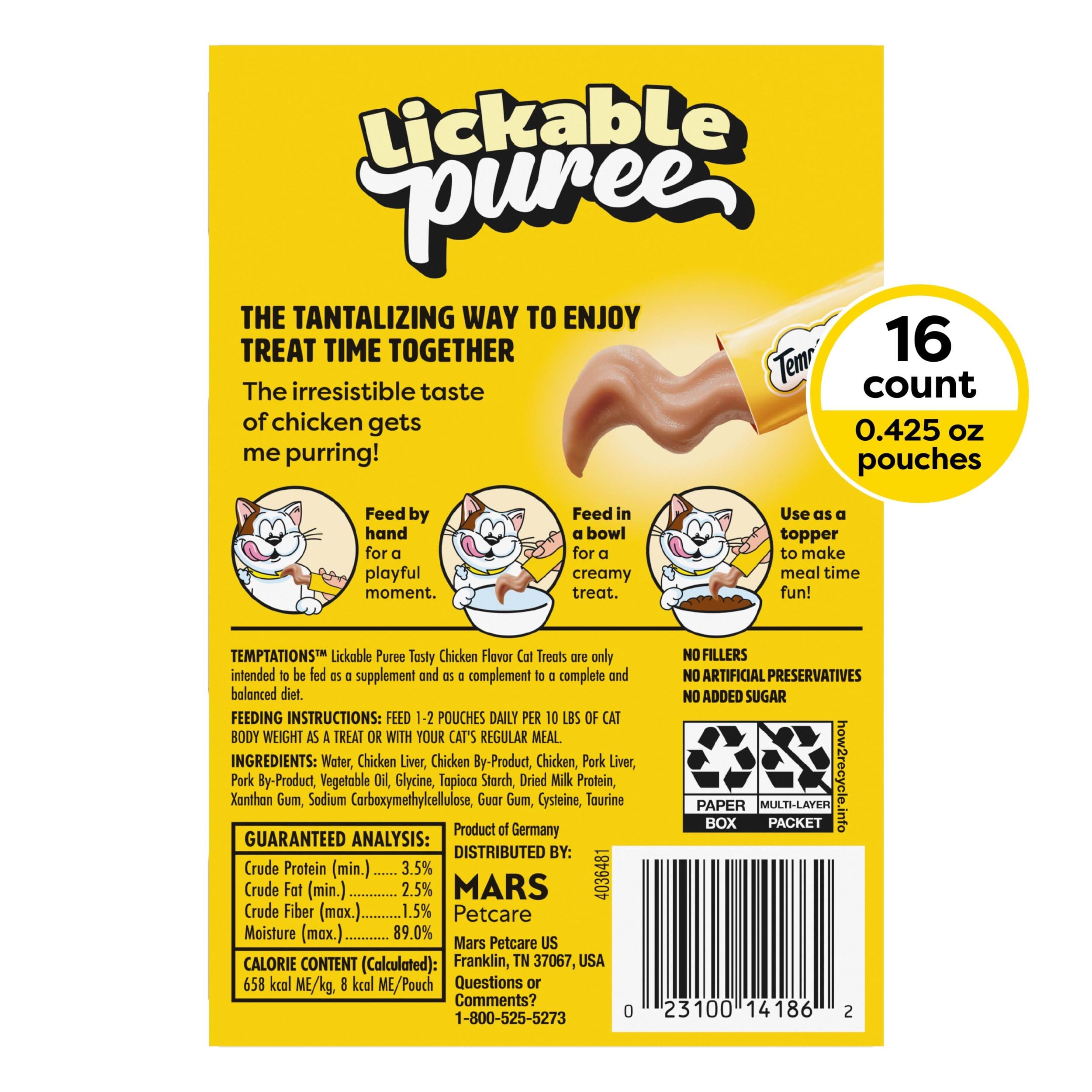 Temptations Creamy Puree cat snack in dish, moist and tasty.