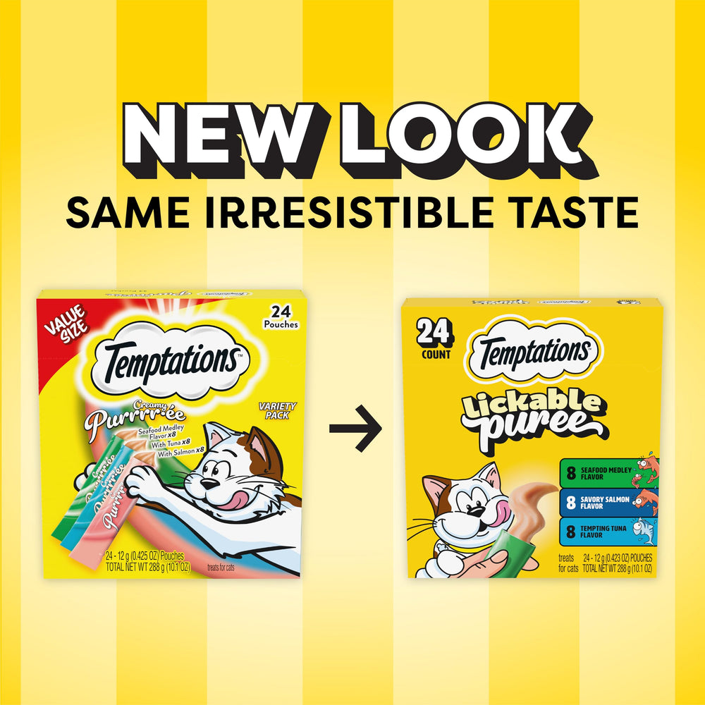 Temptations creamy puree salmon tube close-up, savory fish flavor