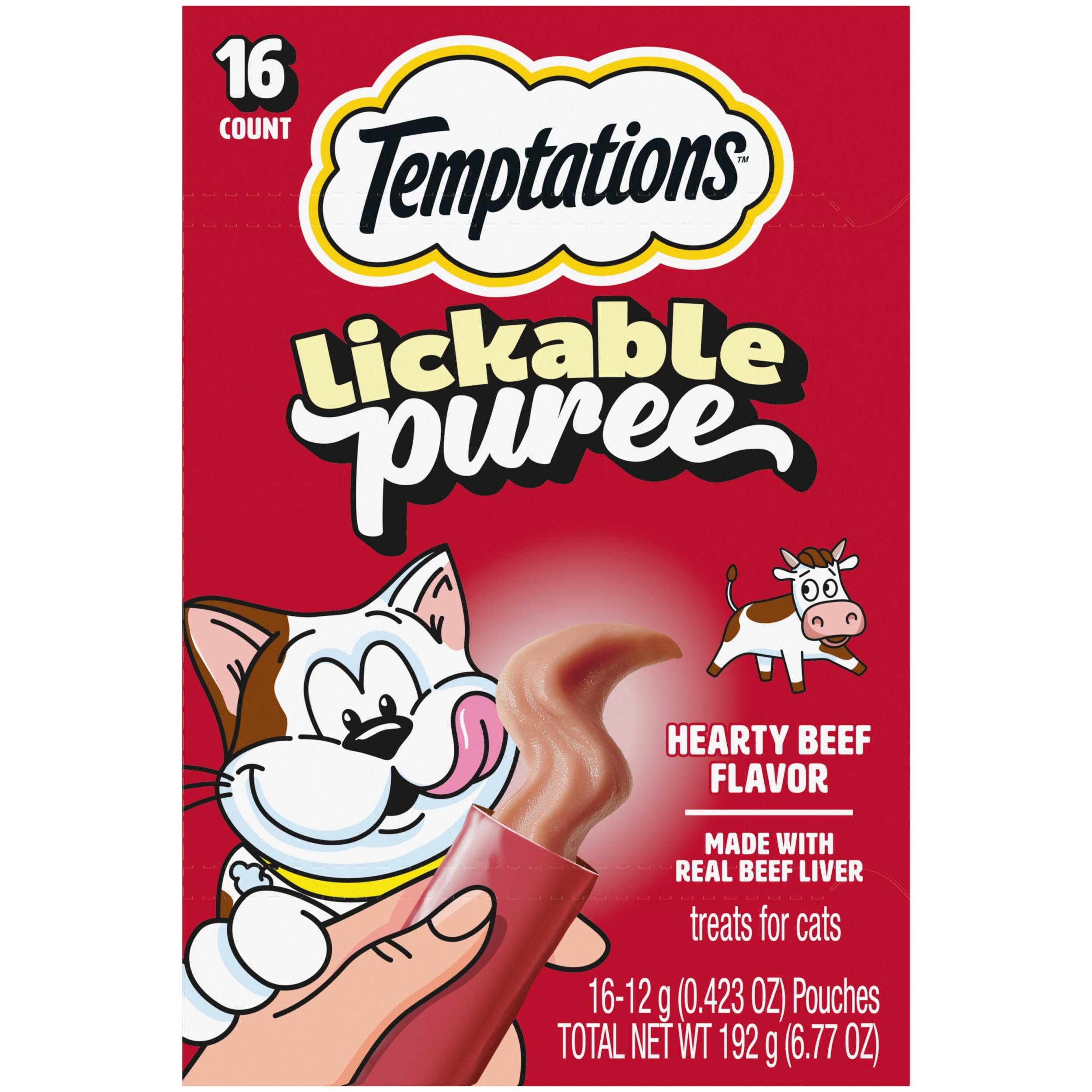 Temptations Creamy Puree Squeezable Tubes with beef liver flavor for interactive bonding.