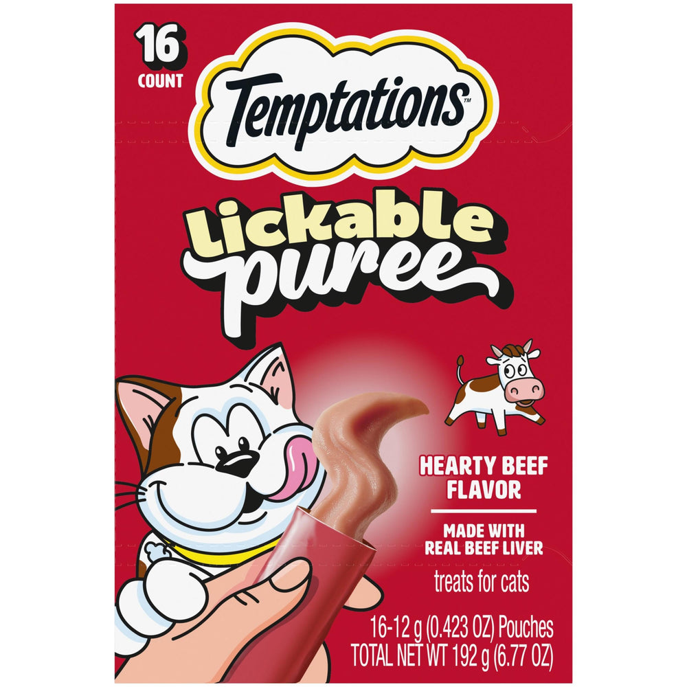 Temptations Creamy Puree Squeezable Tubes with beef liver flavor for interactive bonding.