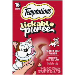 Temptations Creamy Puree Squeezable Tubes with beef liver flavor for interactive bonding.