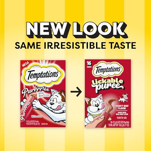 Temptations Creamy Puree texture shown as a soft, lickable cat snack.