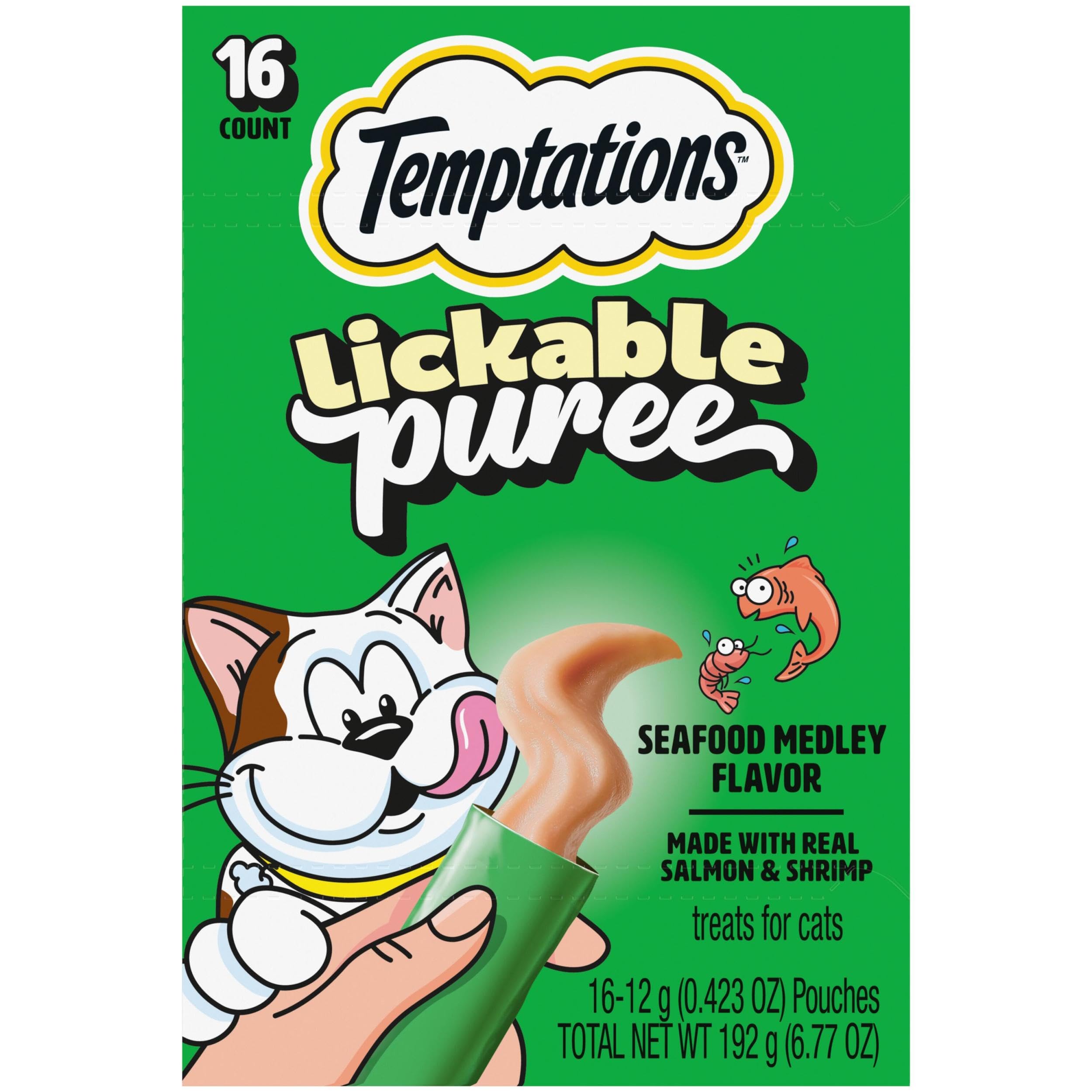 Temptations Creamy Puree tube with salmon and shrimp in convenient packaging.