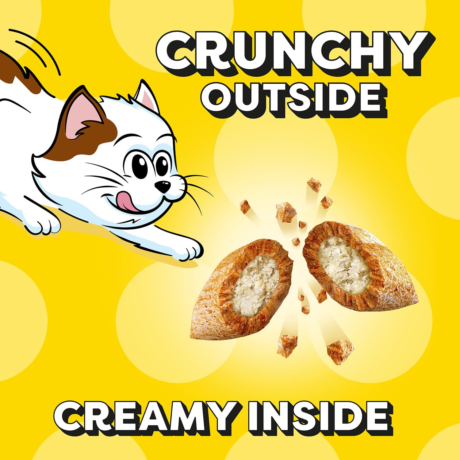 A kitten eagerly enjoys Temptations crunchy outside and soft inside textures.
