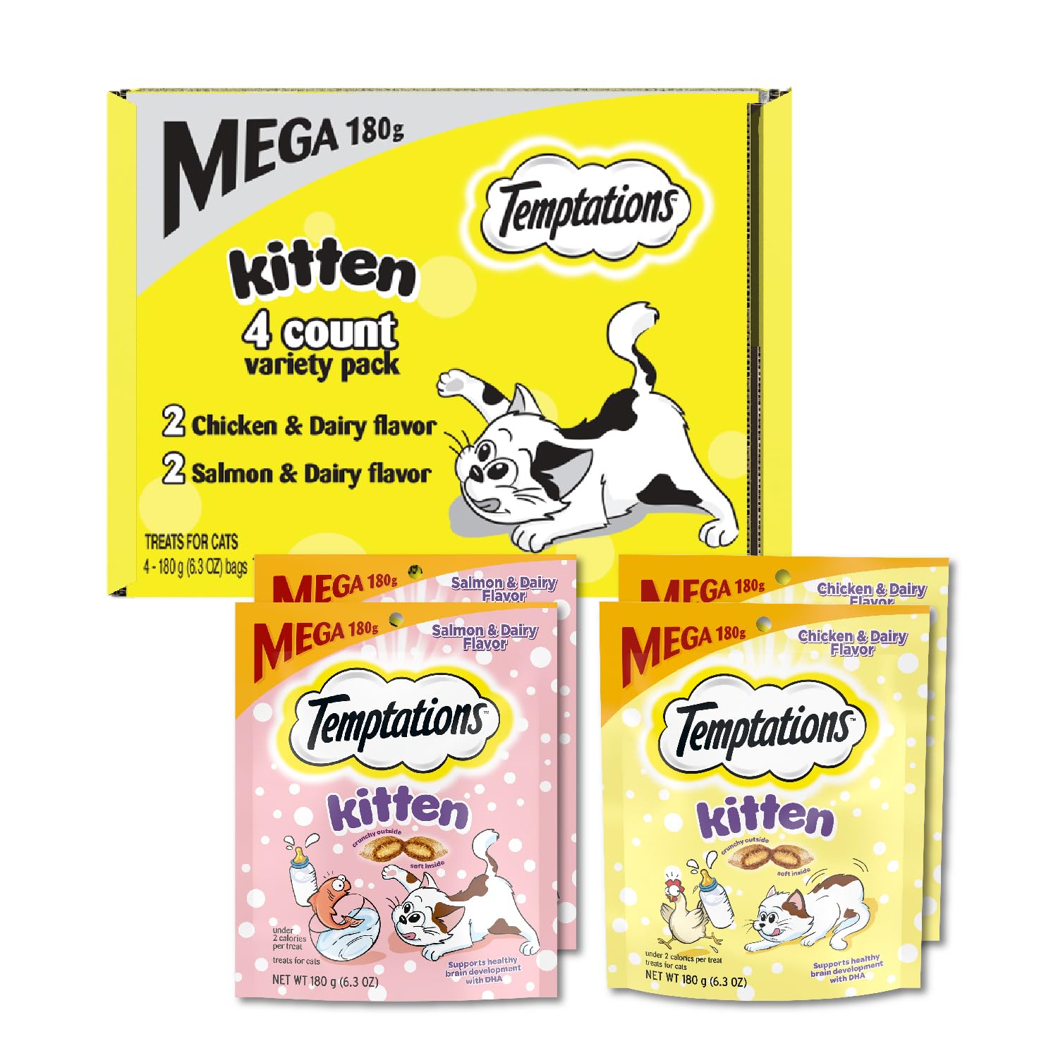 Temptations kitten treats variety pack in resealable pouch for fresh rewards.