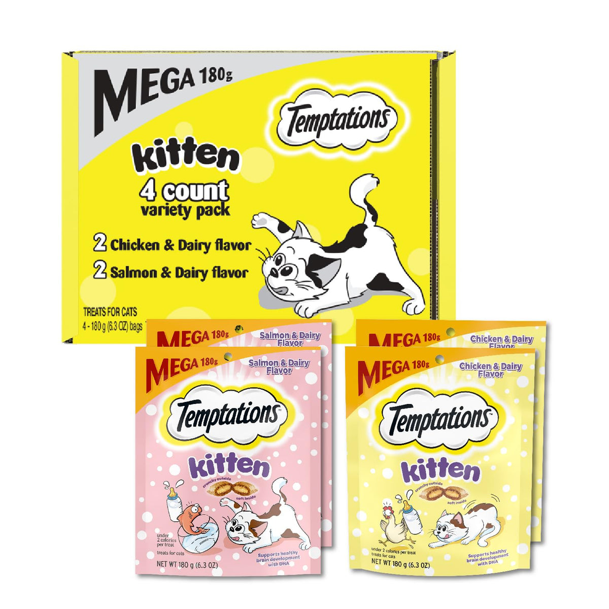 Temptations kitten treats variety pack in resealable pouch for fresh rewards.