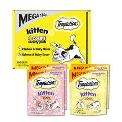 Temptations kitten treats variety pack in resealable pouch for fresh rewards.