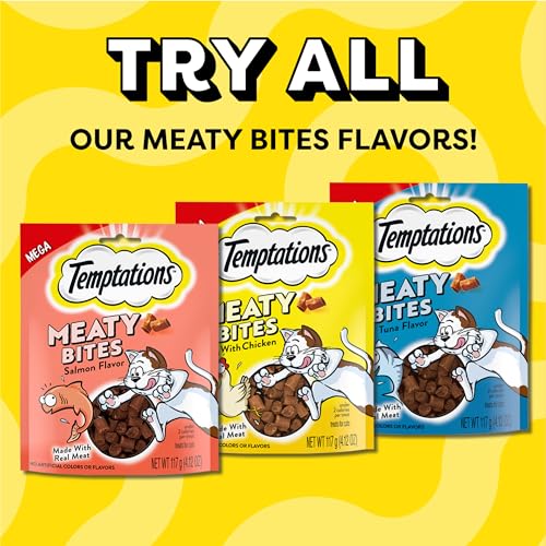 Temptations Meaty Bites chicken flavor aroma greets a cat at snack time.