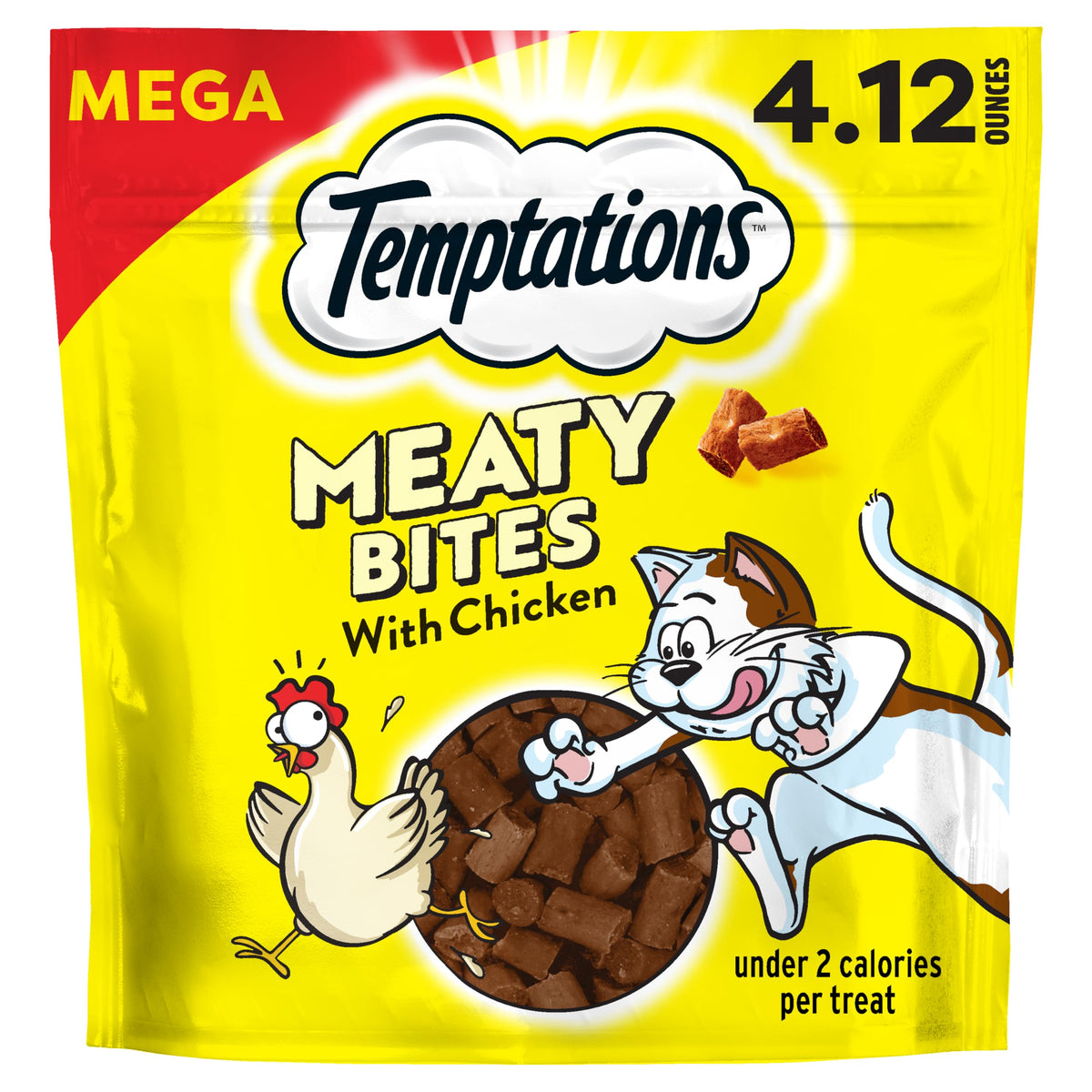 Temptations Meaty Bites chicken treats in a bag entice cats with a soft, savory texture.