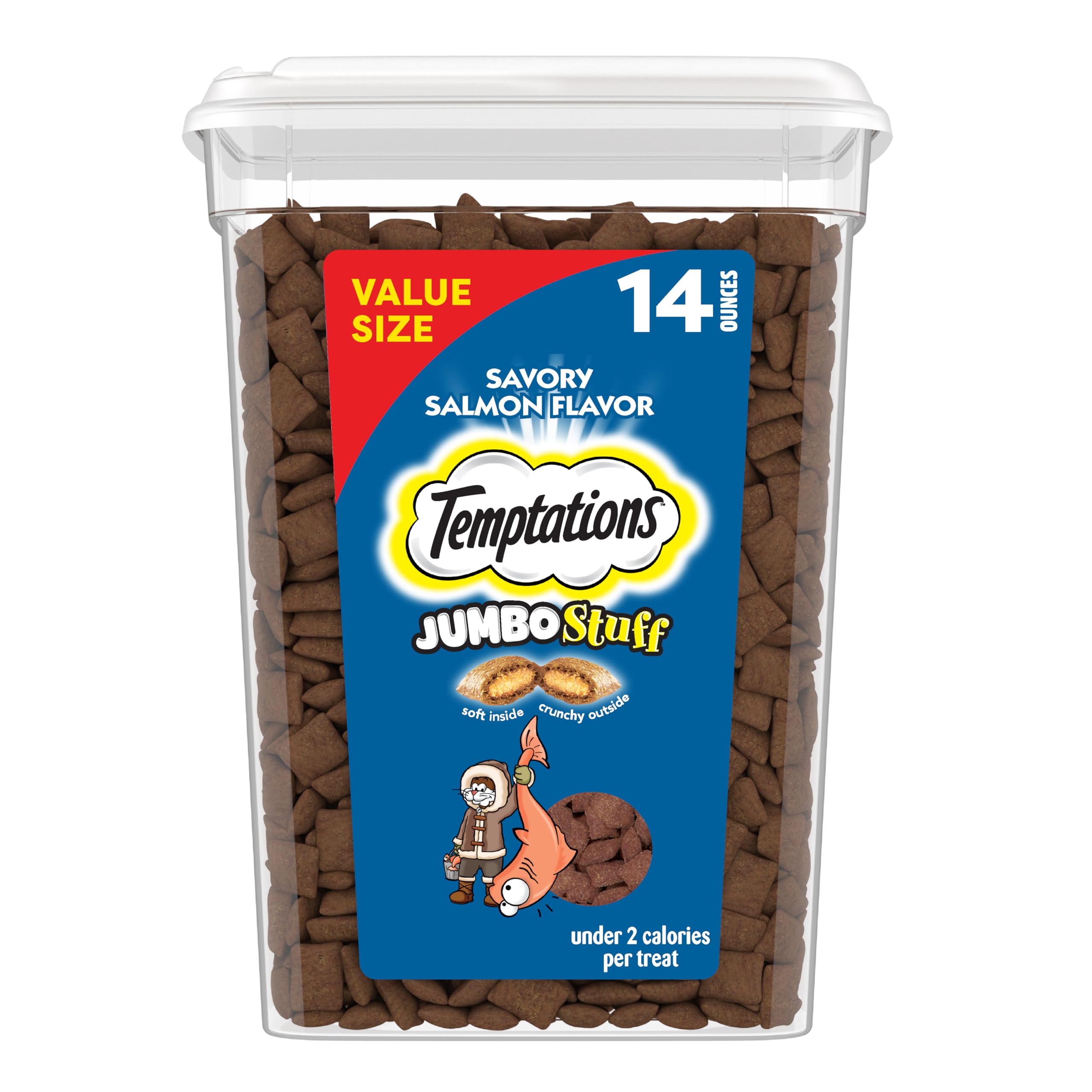 Temptations salmon flavor treats pack close-up showing crunchy exterior and soft center