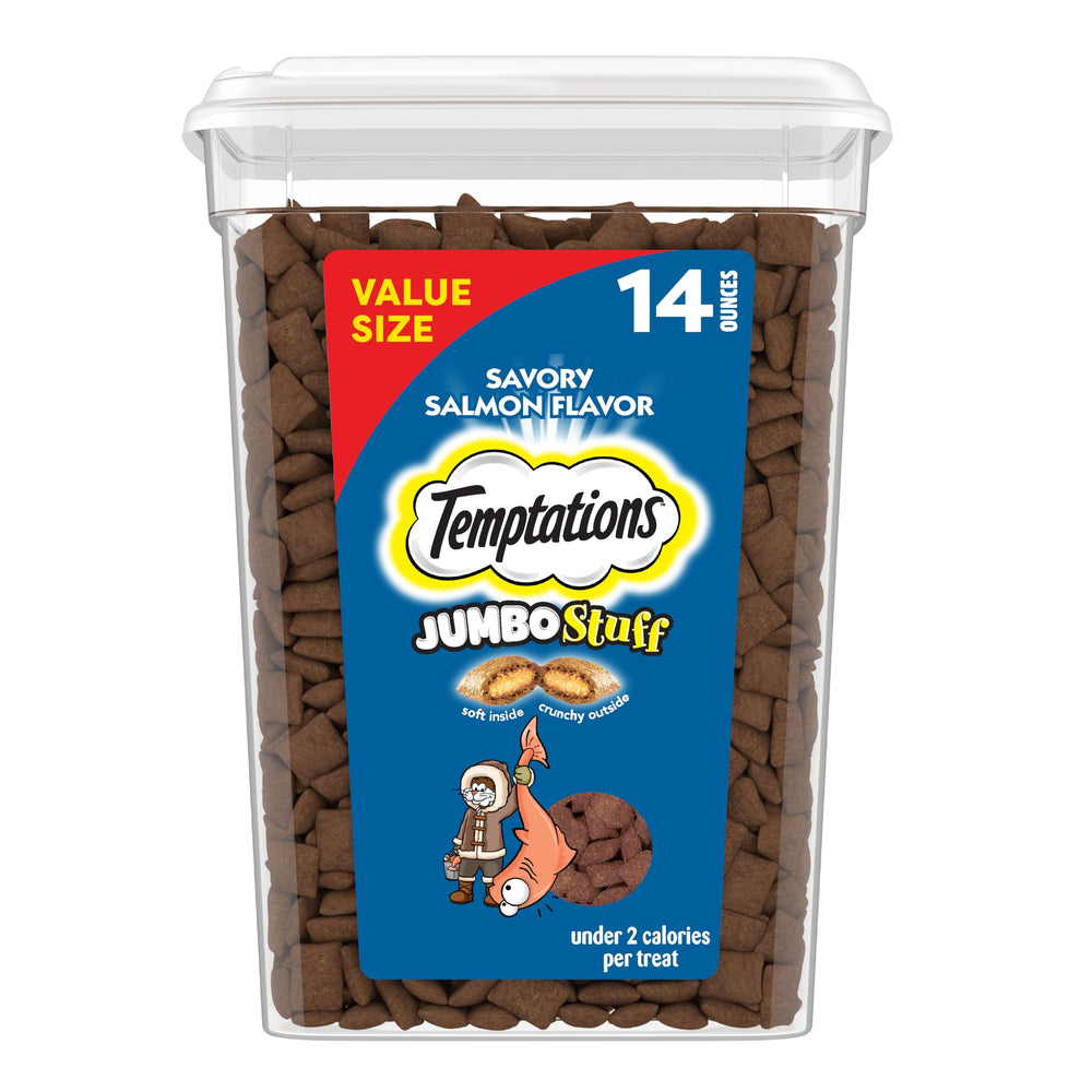 Temptations salmon flavor treats pack close-up showing crunchy exterior and soft center