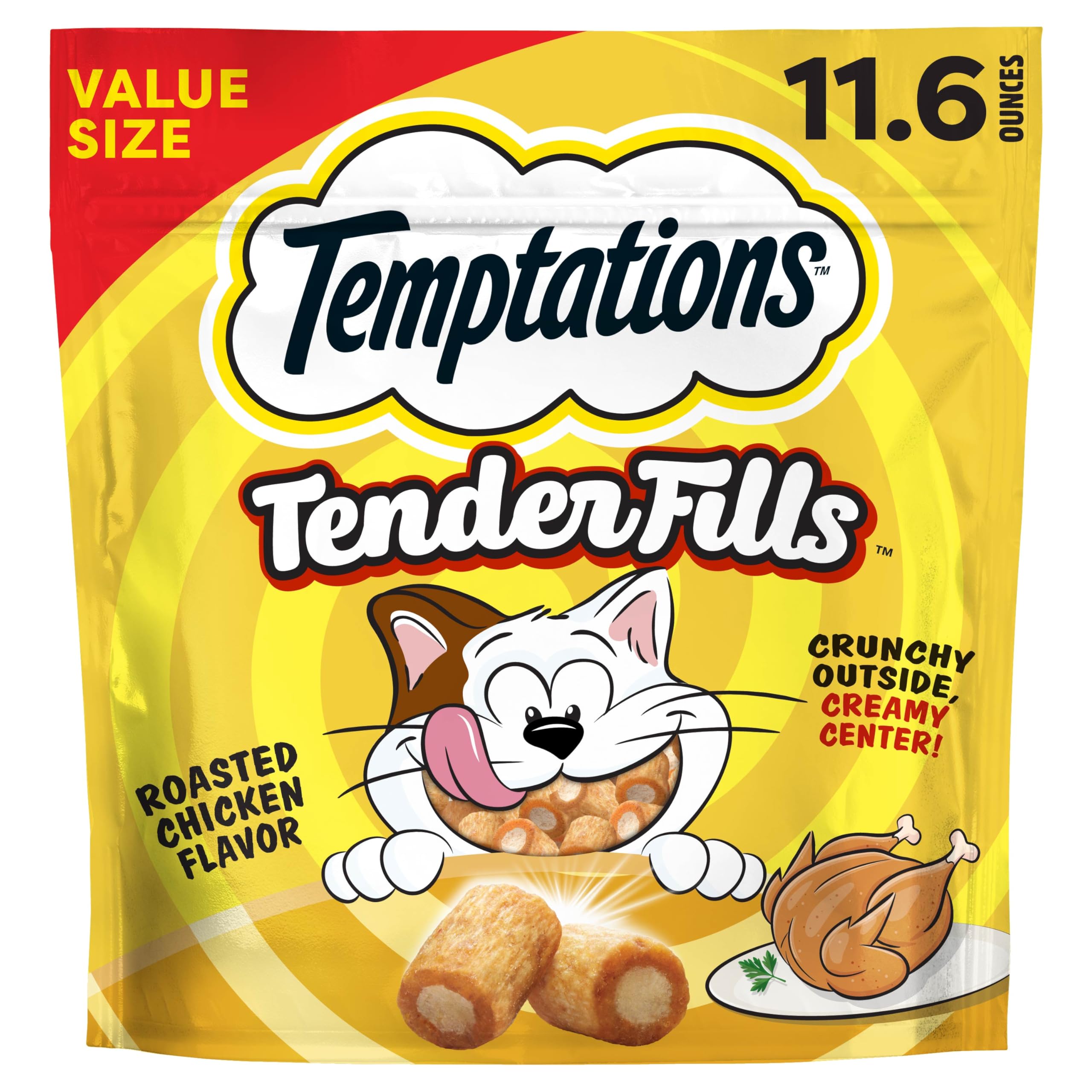 Temptations Tender Fills roasted chicken pack showing crunchy shell to entice cats