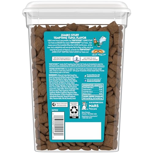 Close-up of crunchy exterior and soft interior Temptations tuna jumbo stuffed treats.