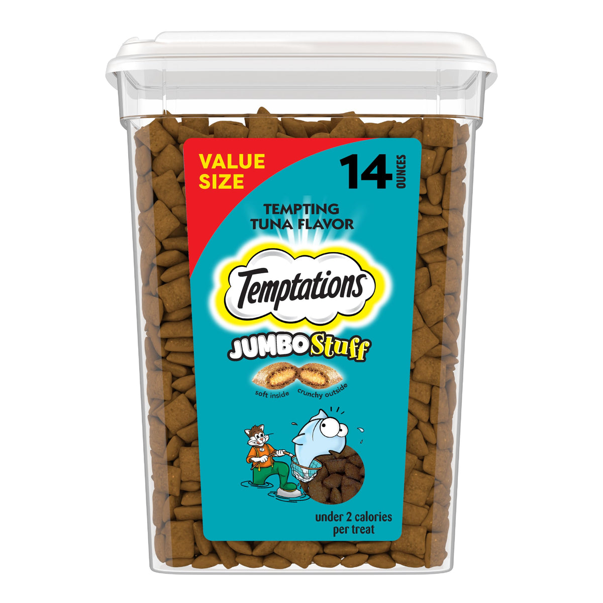 Temptations Tuna Jumbo Stuffed Treats tub front with stay-fresh seal for easy rewards.