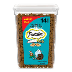 Temptations Tuna Jumbo Stuffed Treats tub front with stay-fresh seal for easy rewards.