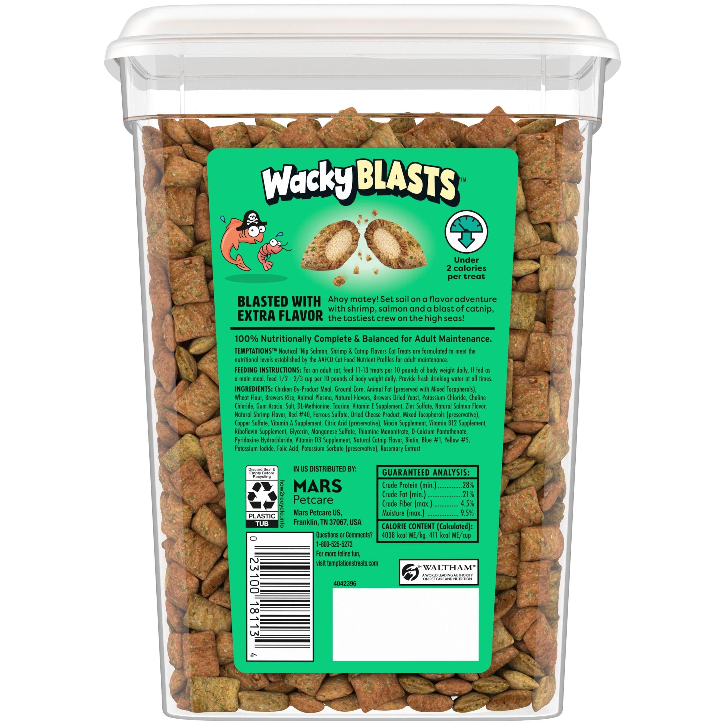 Temptations Wacky Blasts adult cat nutrition balance showcased as everyday snack.