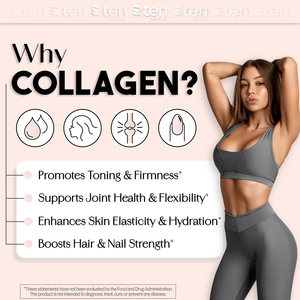 Close-up of 10Ten Nutrition Creatine + Collagen bottle label, purity emphasized