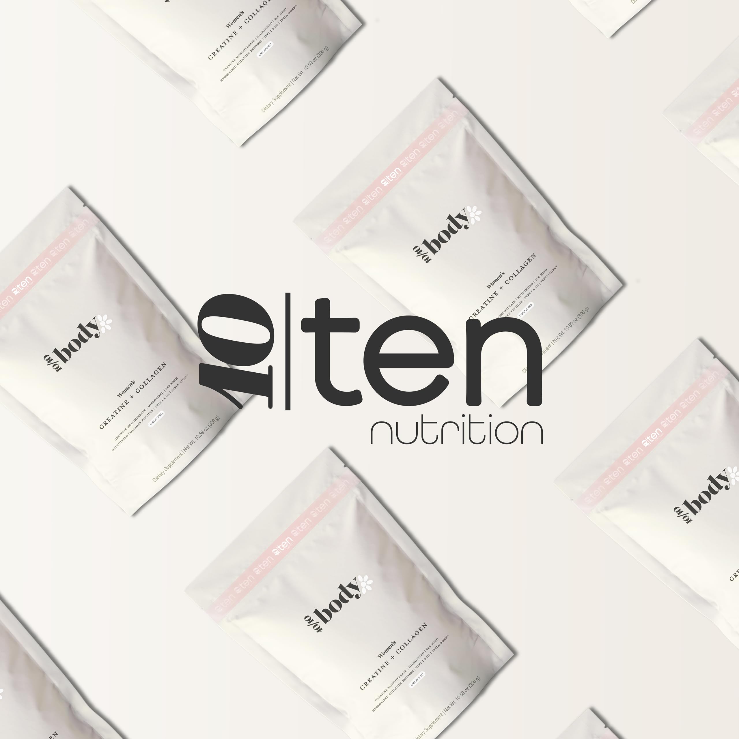 10Ten Nutrition Creatine + Collagen packaging on kitchen counter