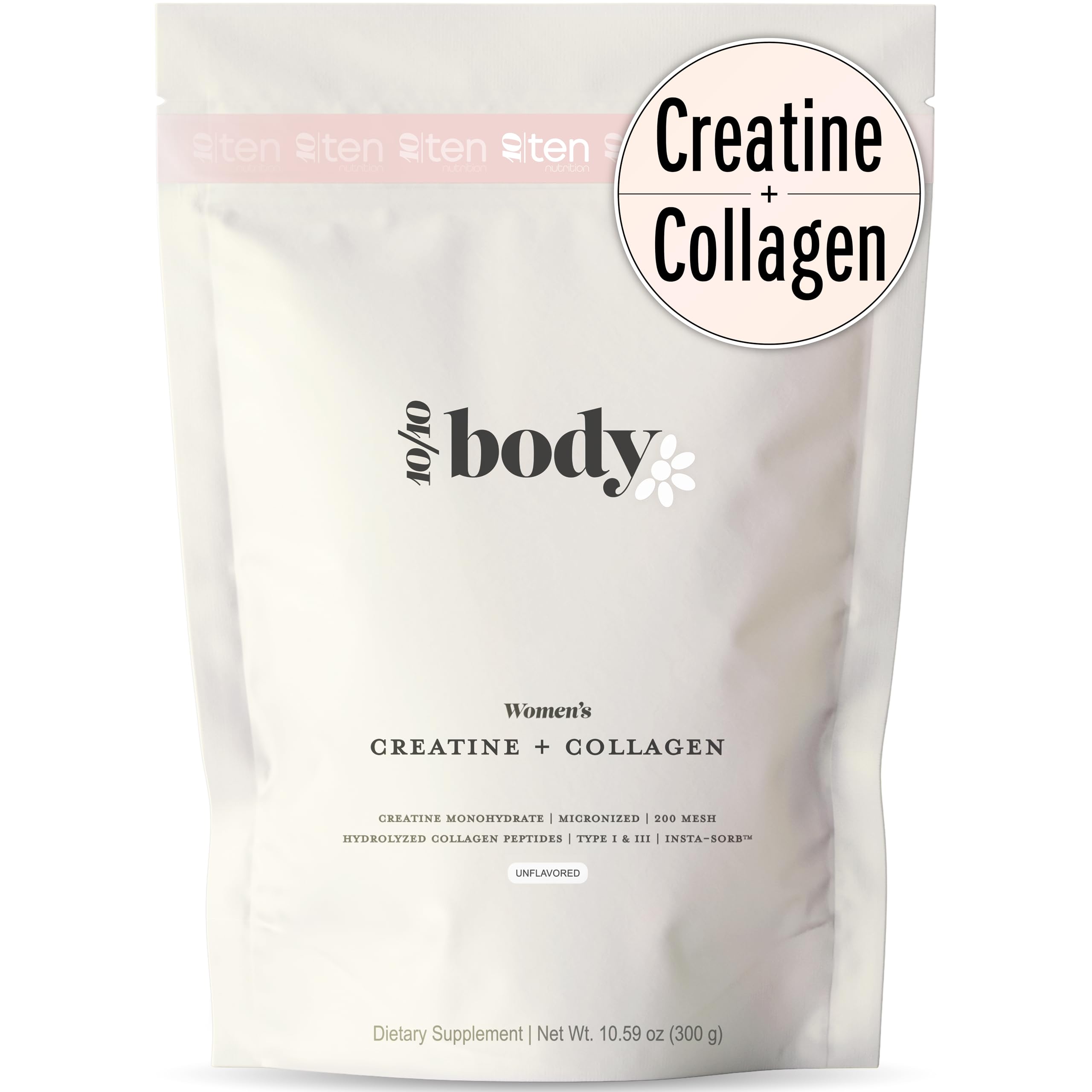 10Ten Nutrition Creatine + Collagen for Women tub with unflavored blend ready for workouts