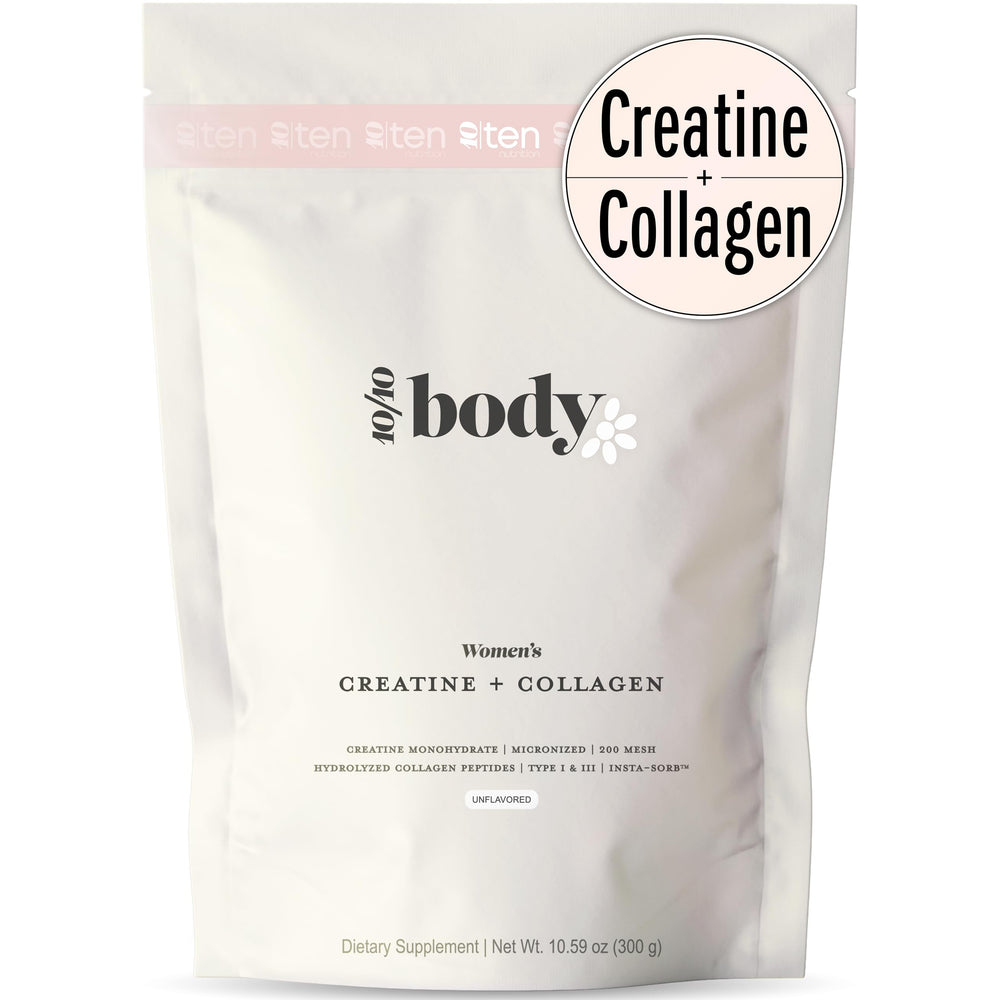 10Ten Nutrition Creatine + Collagen for Women tub with unflavored blend ready for workouts