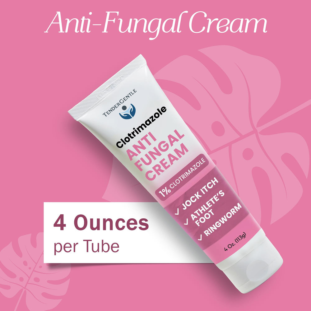 TenderGentle anti-fungal cream label close-up showing 1% clotrimazole potency.