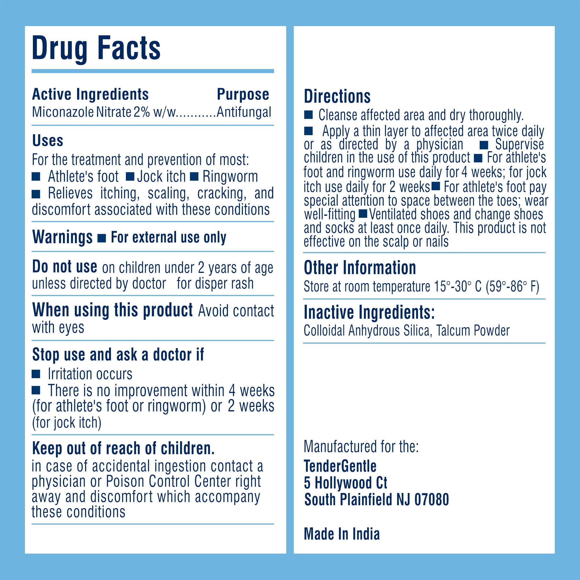 TenderGentle Miconazole Powder provides cooling relief on irritated skin.