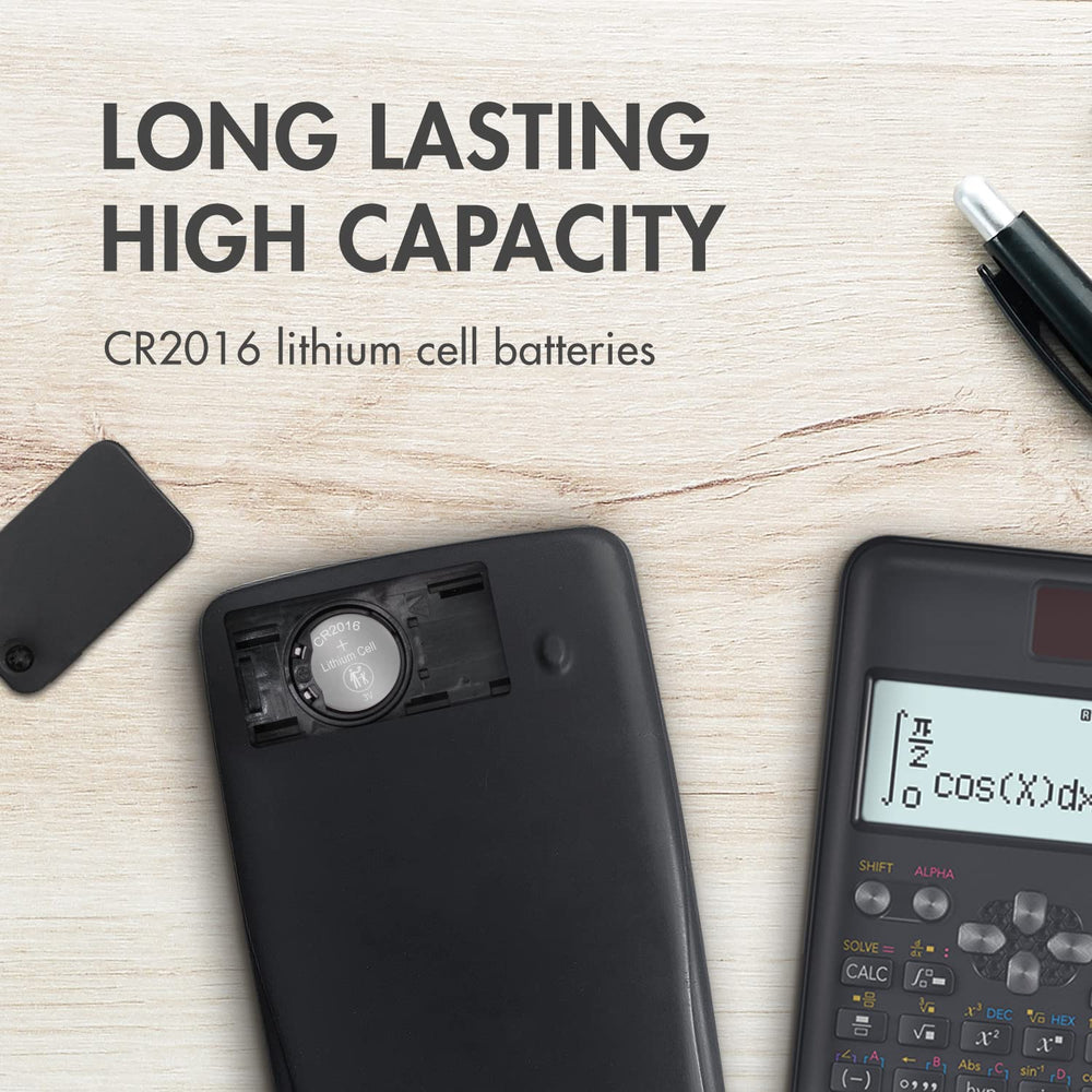 Tenergy CR2016 next to a calculator for quick power replacement.