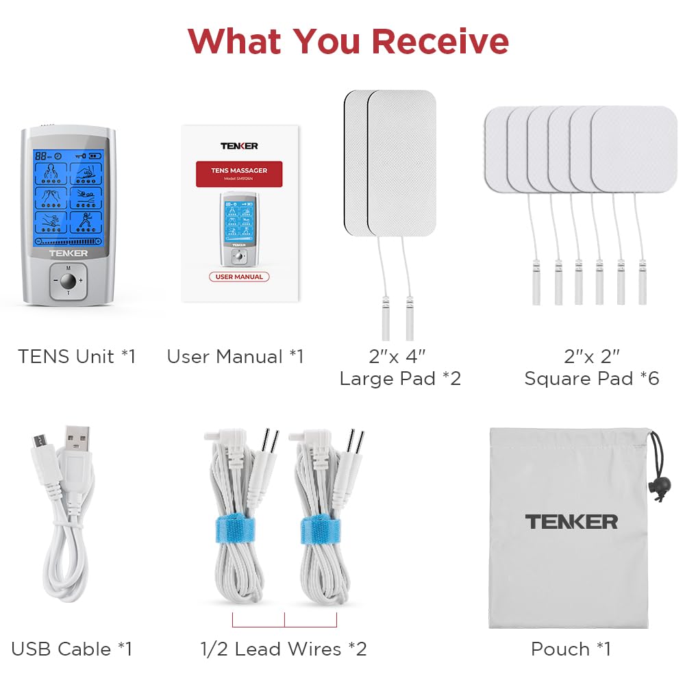 TENKER TENS Unit applied to back/knee/shoulder, versatile placement options.