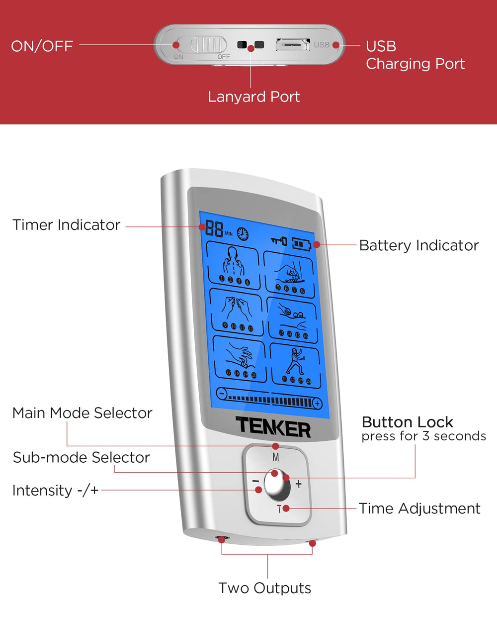 TENKER TENS Unit compact portable design for on-the-go pain management.