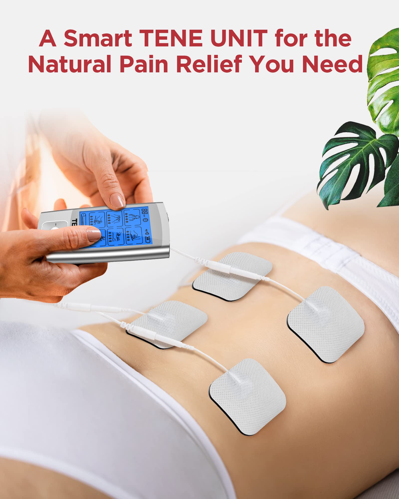 TENKER TENS Unit pads 2x2 attached, targeted stimulation for small areas.
