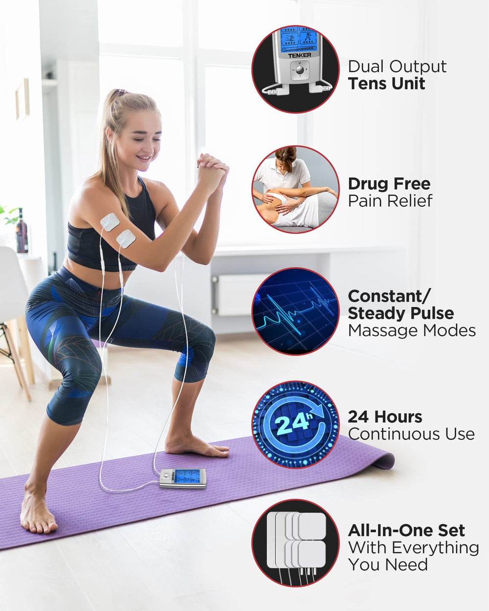 TENKER TENS Unit pads 2x4 ready for larger muscle groups.