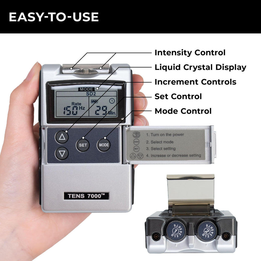 TENS 7000 control panel close-up with intuitive intensity controls