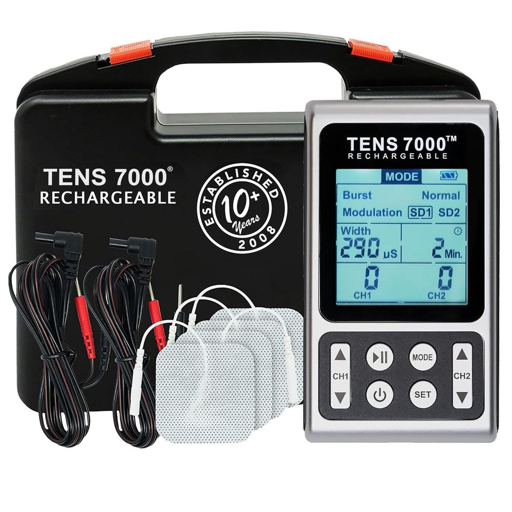 TENS 7000 Rechargeable Elite front view for portable pain relief on the go