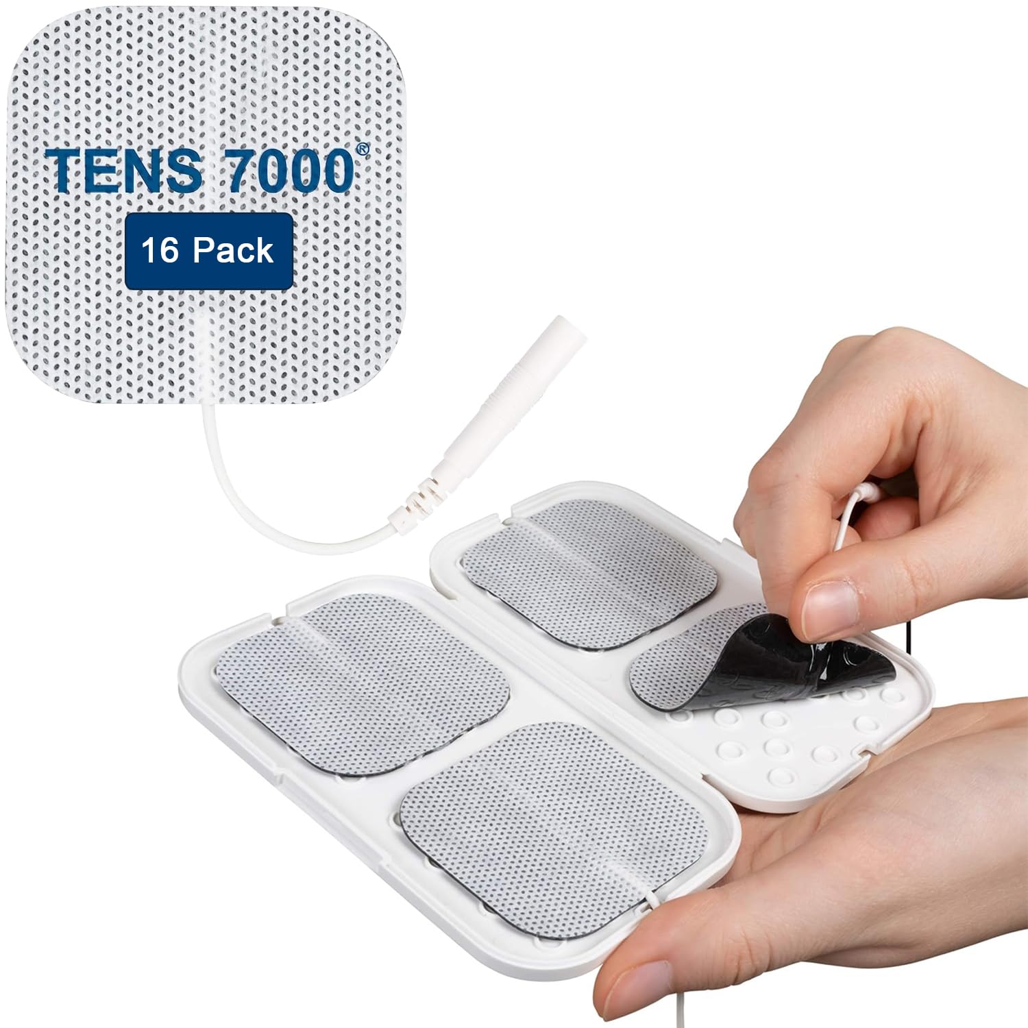 TENS 7000 replacement pads 16-pack with carrying case for easy organization and reuse.