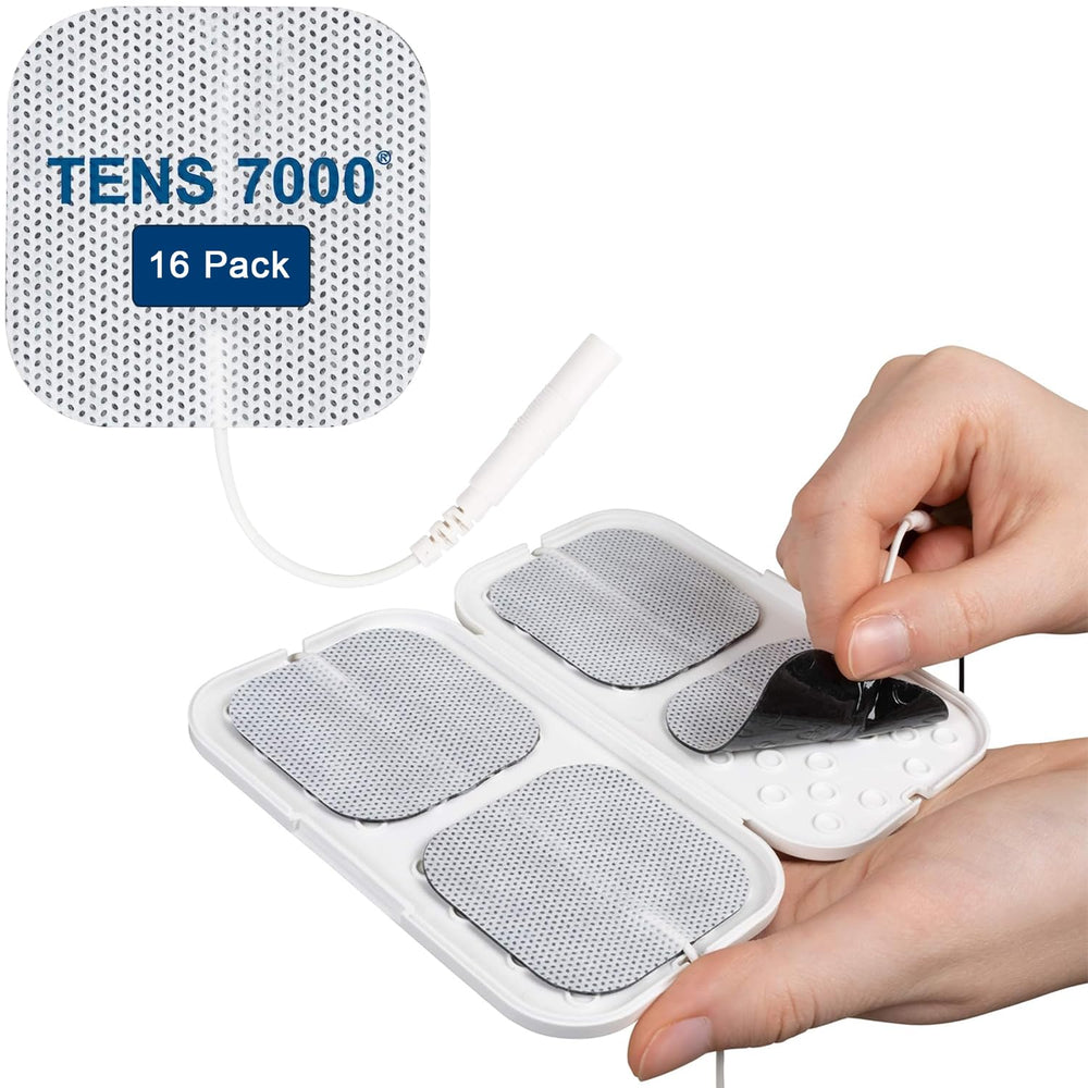 TENS 7000 replacement pads 16-pack with carrying case for easy organization and reuse.